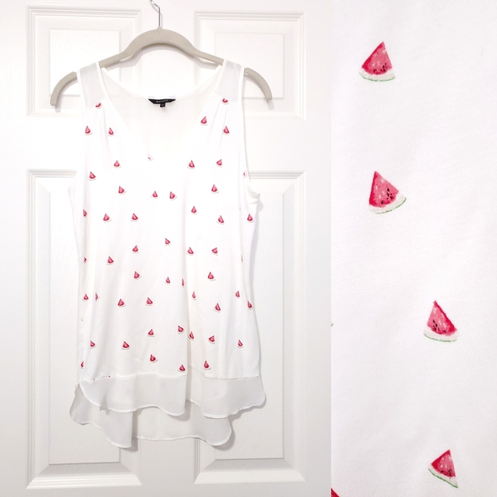 RW&CO watermelon print tunic tank top Small S sheer off white pink green hi low